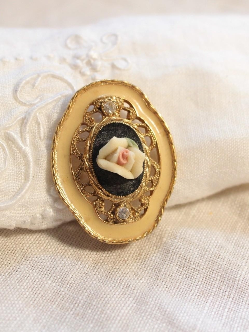 Vintage Cream Gold-Tone Filigree Rose Cameo Brooch - 1928 Jewelry Company